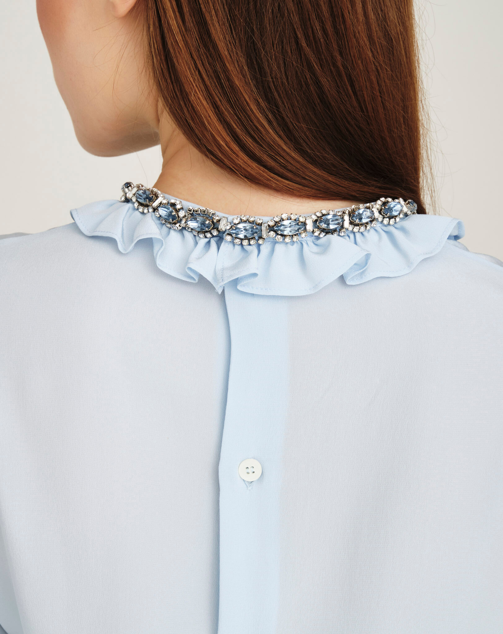 Miu Miu - Baby Blue Ruffled Crystal Collar Embellished Blouse IT 42